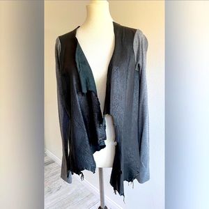 PI gray sweater jacket ripped style with front leather. Size M.